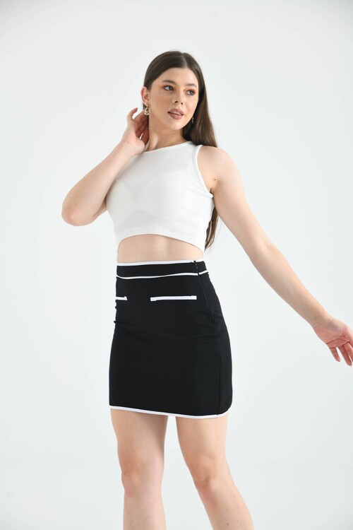 Black and White Striped Knitted Mini Skirt