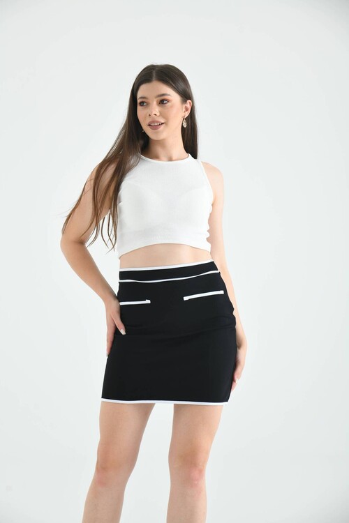 Black and White Striped Knitted Mini Skirt