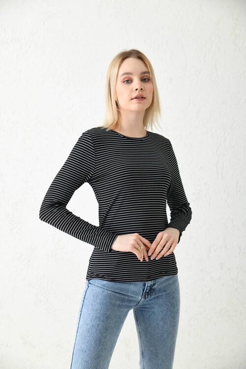 Black Crew Neck Striped Blouse