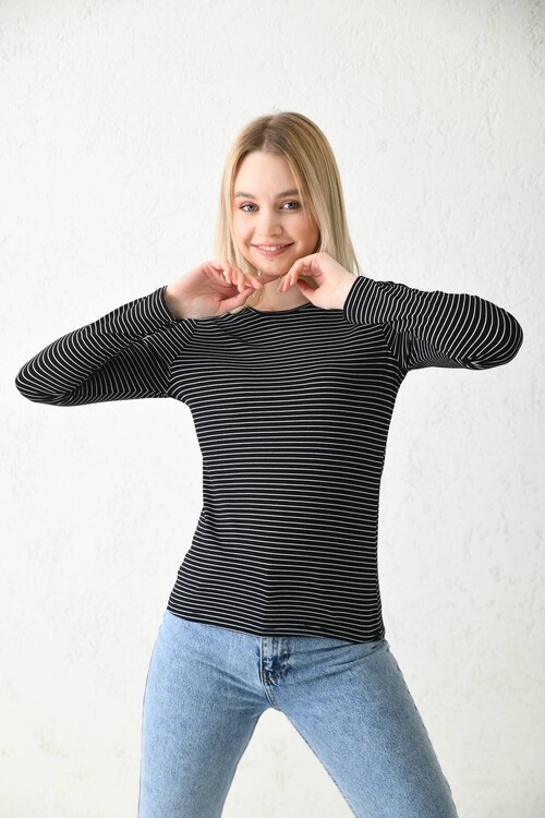 Black Crew Neck Striped Blouse