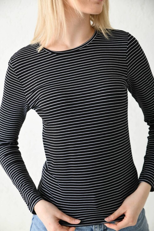 Black Crew Neck Striped Blouse