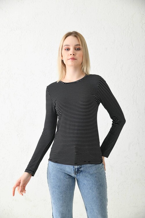 Black Crew Neck Striped Blouse