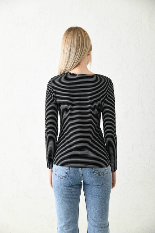 Black Crew Neck Striped Blouse