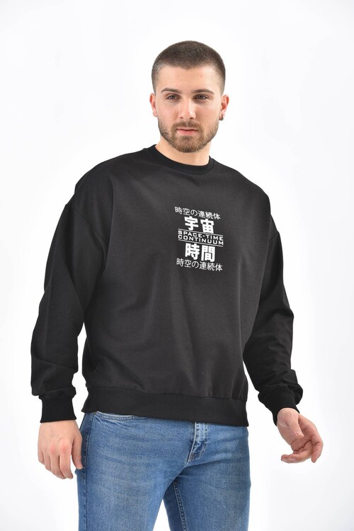 Black Crew Neck Front and Back Printed Sweatshirt