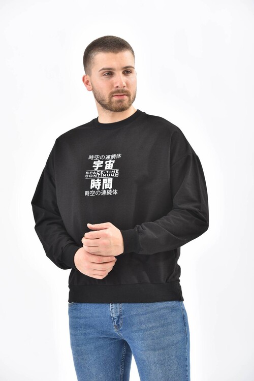 Black Crew Neck Front and Back Printed Sweatshirt