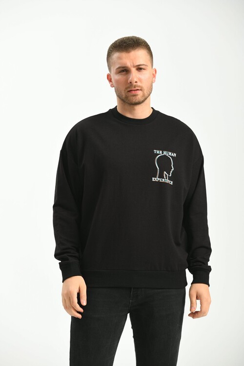 Black Crew Neck Long Sleeve Printed Owersize Sweatshirt