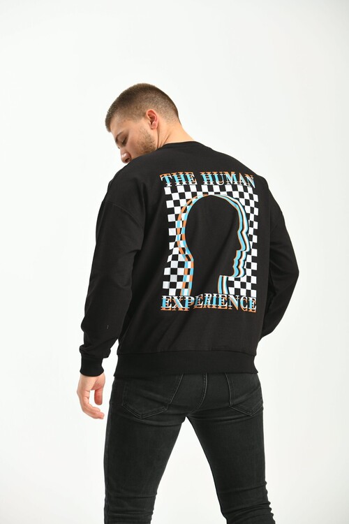 Black Crew Neck Long Sleeve Printed Owersize Sweatshirt