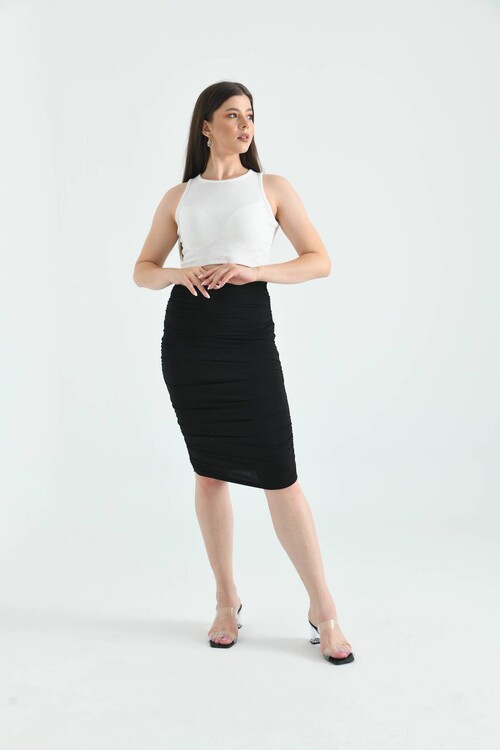 Siyah Bodycon Büzgülü Midi Örme Etek