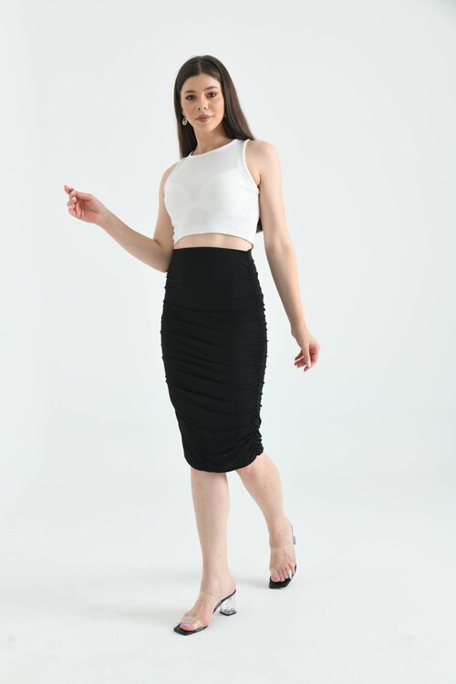 Siyah Bodycon Büzgülü Midi Örme Etek
