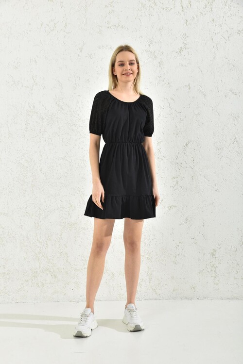 Black Embroidered Pleated Dress