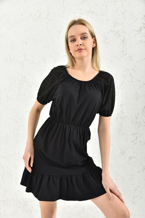 Black Embroidered Pleated Dress