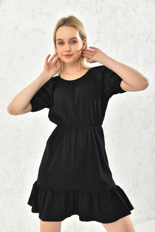 Black Embroidered Pleated Dress