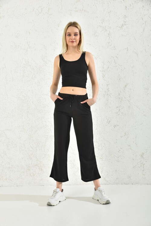 Black Bustier and Trousers Waffle Bottom-Top Set
