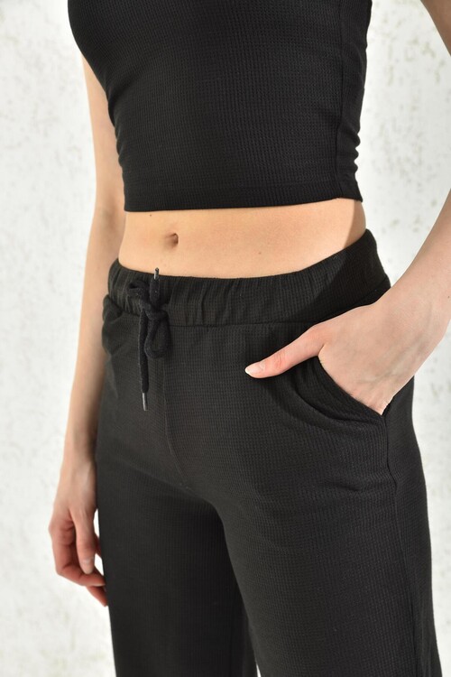 Black Bustier and Trousers Waffle Bottom-Top Set
