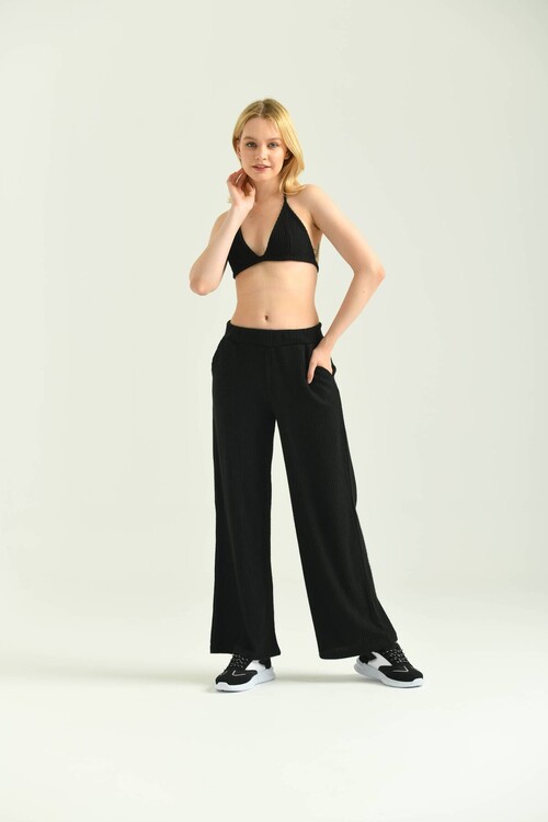 Siyah Cep Detay Fitilli Spor Pantolon