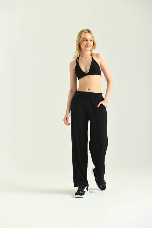 Siyah Cep Detay Fitilli Spor Pantolon