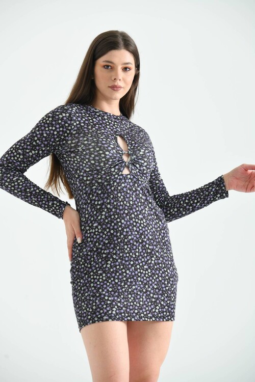 Black Floral Patterned Chest Detailed Knitted Mini Dress