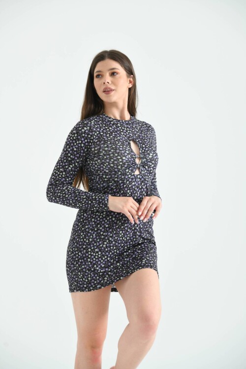 Black Floral Patterned Chest Detailed Knitted Mini Dress