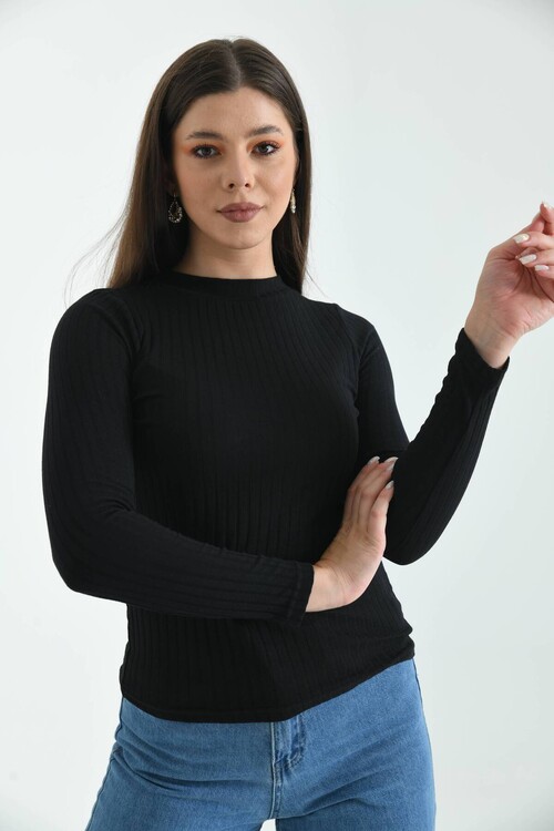 Black Stand Up Collar Long Sleeve Ribbed Knitted Blouse