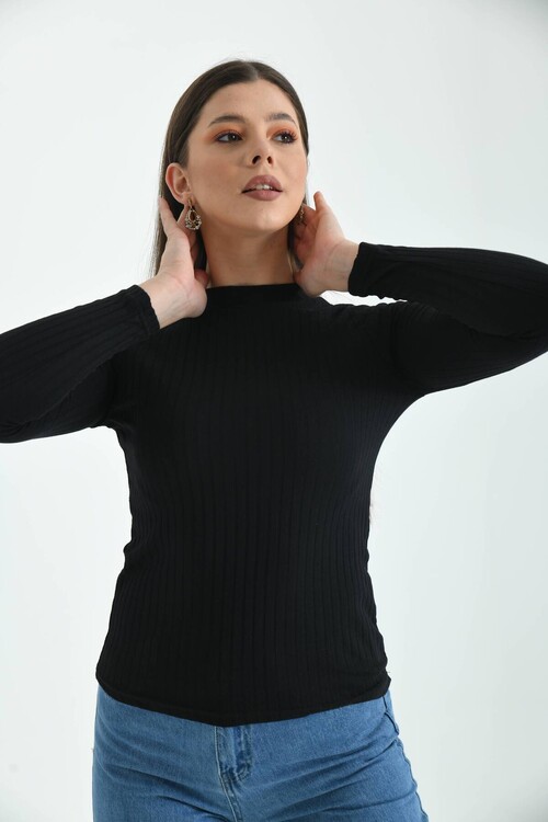 Black Stand Up Collar Long Sleeve Ribbed Knitted Blouse