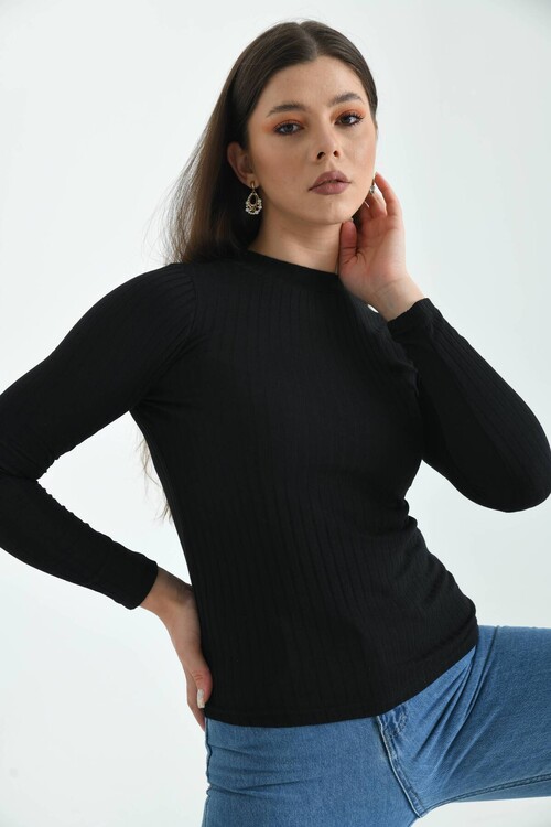 Black Stand Up Collar Long Sleeve Ribbed Knitted Blouse