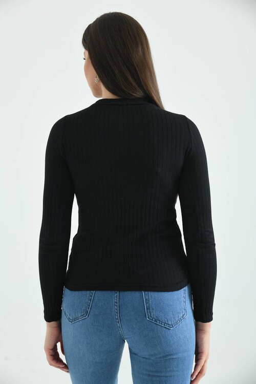 Black Stand Up Collar Long Sleeve Ribbed Knitted Blouse