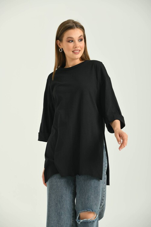 Black Double Sleeve Wide Cut Asymmetrical Slit Knitted T-Shirt