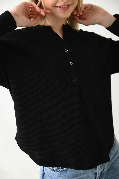 Black Button Detailed Knitted Blouse