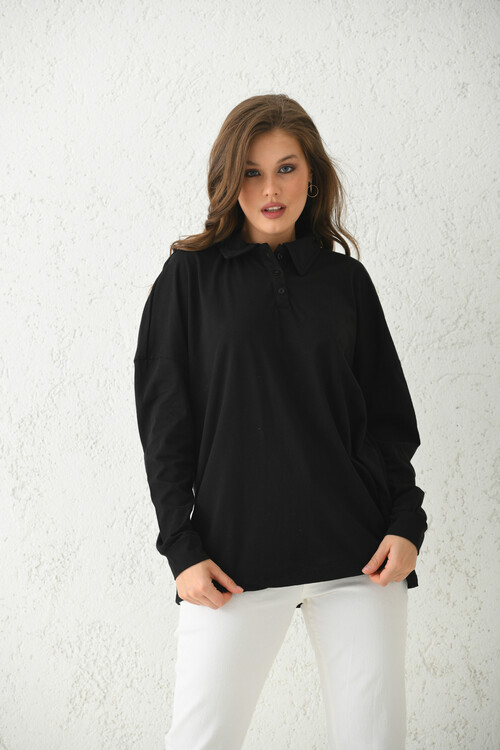 Black Button Detailed T-Shirt