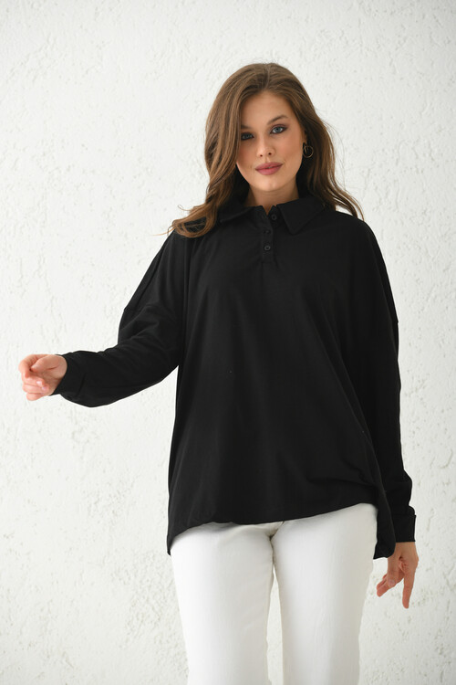 Black Button Detailed T-Shirt