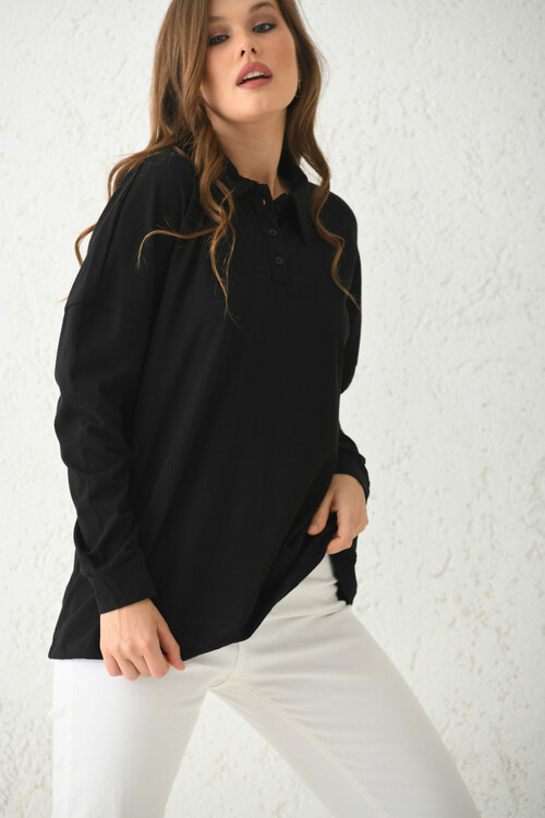 Black Button Detailed T-Shirt