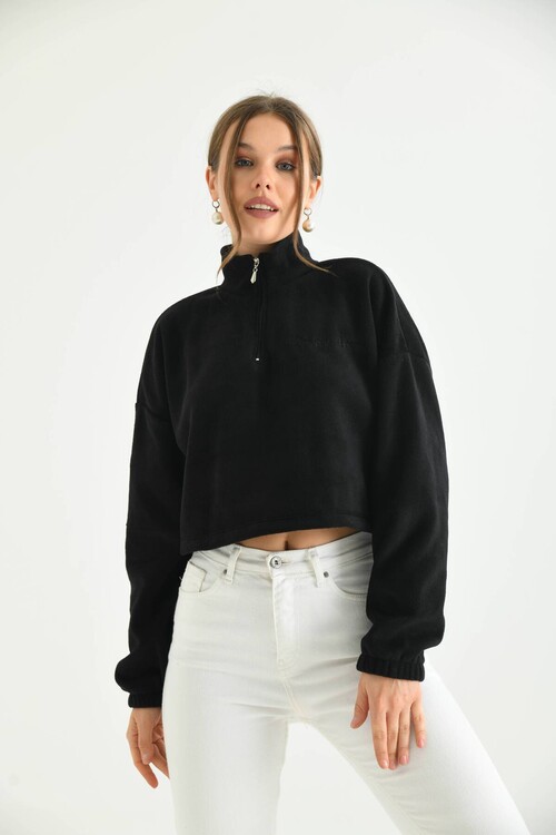 Black Zipper Detail Embroidered Sweatshirt