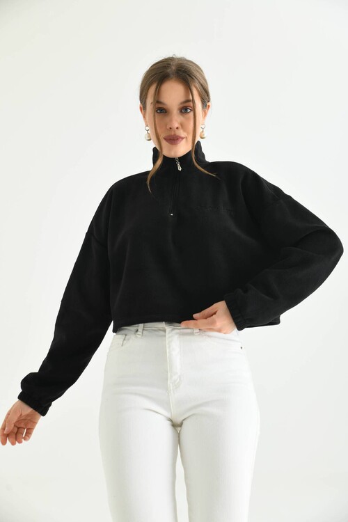 Black Zipper Detail Embroidered Sweatshirt