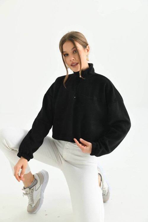 Black Zipper Detail Embroidered Sweatshirt