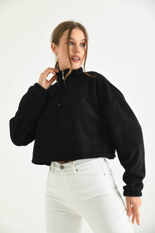 Black Zipper Detail Embroidered Sweatshirt
