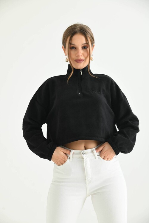 Black Zipper Detail Embroidered Sweatshirt