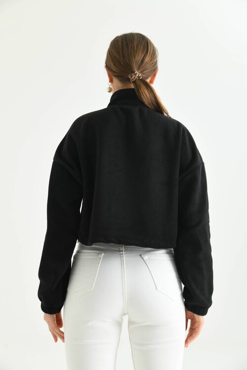 Black Zipper Detail Embroidered Sweatshirt