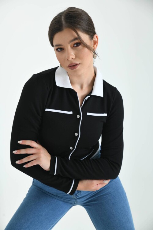 Black Shirt Collar Button Detailed Knitted Blouse