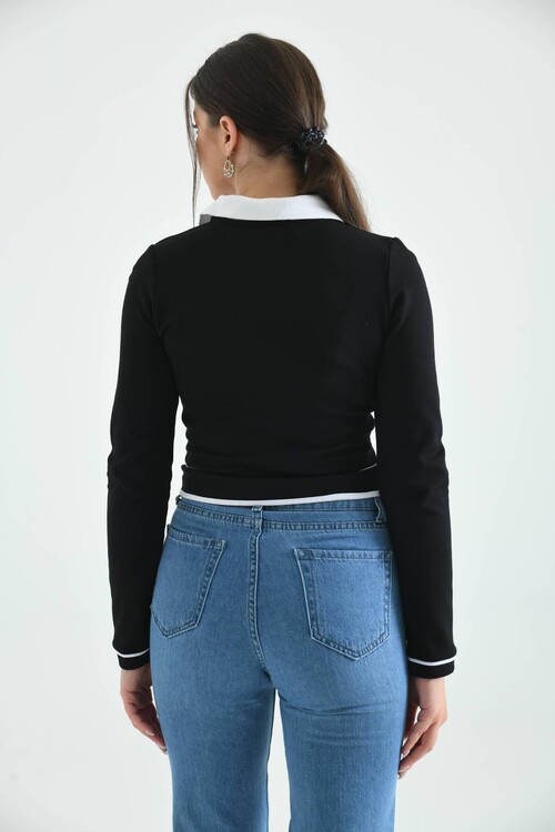 Black Shirt Collar Button Detailed Knitted Blouse