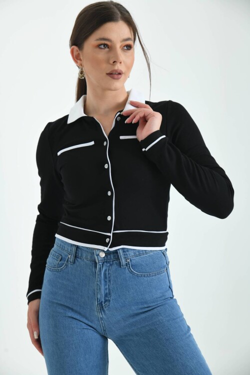 Black Shirt Collar Button Detailed Knitted Blouse