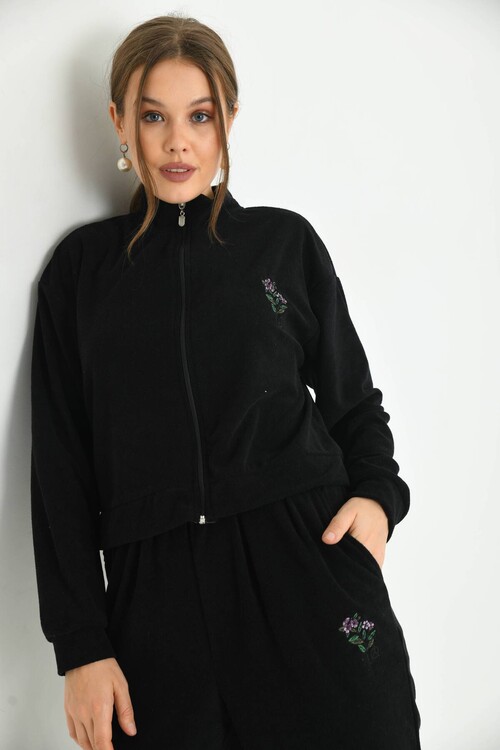 Black Terry Fabric Floral Embroidered Tracksuit Set