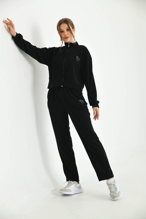 Black Terry Fabric Floral Embroidered Tracksuit Set