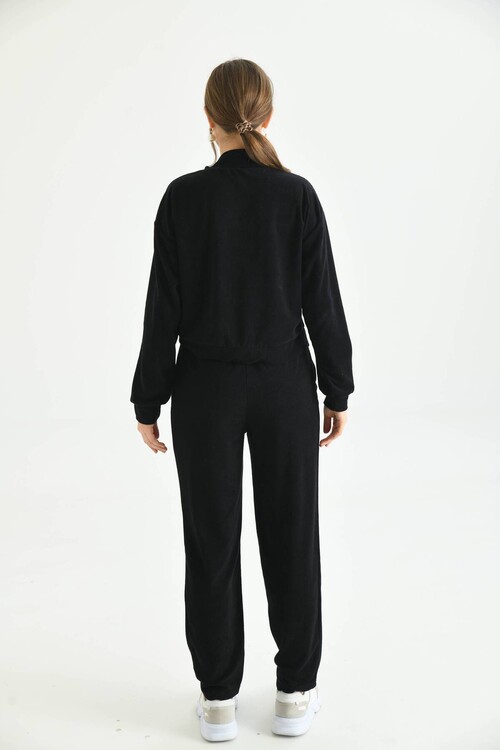 Black Terry Fabric Floral Embroidered Tracksuit Set