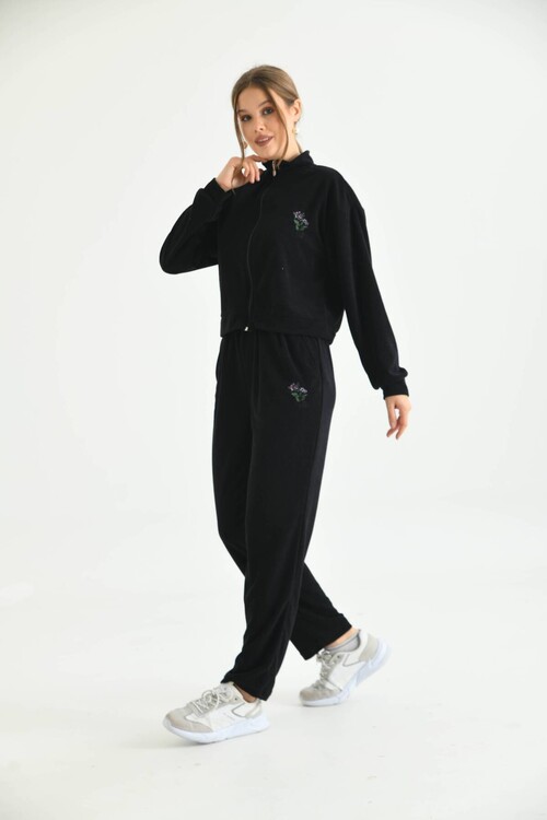 Black Terry Fabric Floral Embroidered Tracksuit Set