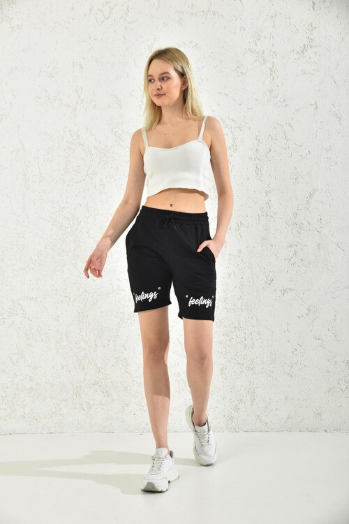 Black Thread Tied Print Detailed Shorts