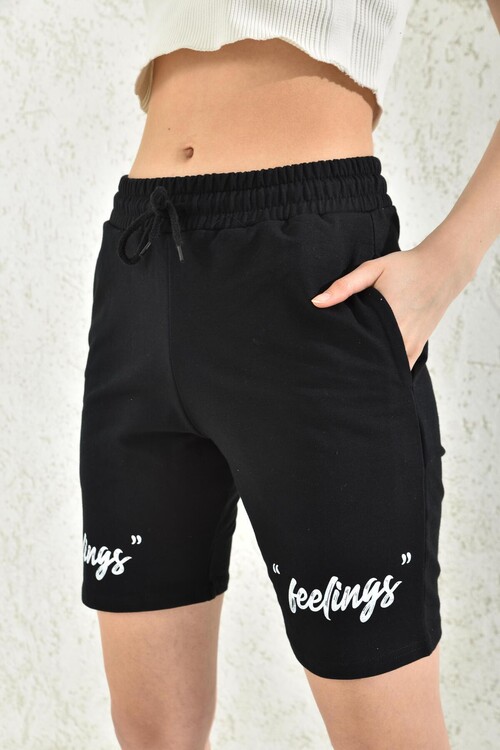 Black Thread Tied Print Detailed Shorts