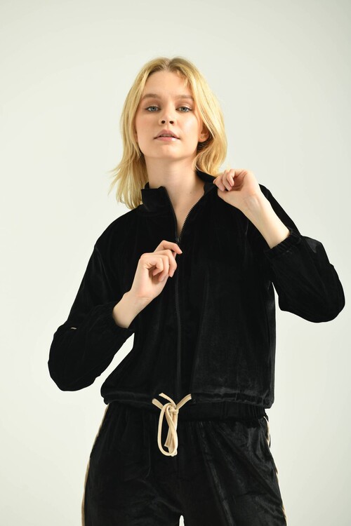 Siyah Kadife Biyeli Fermuarlı Örme Sweatshirt