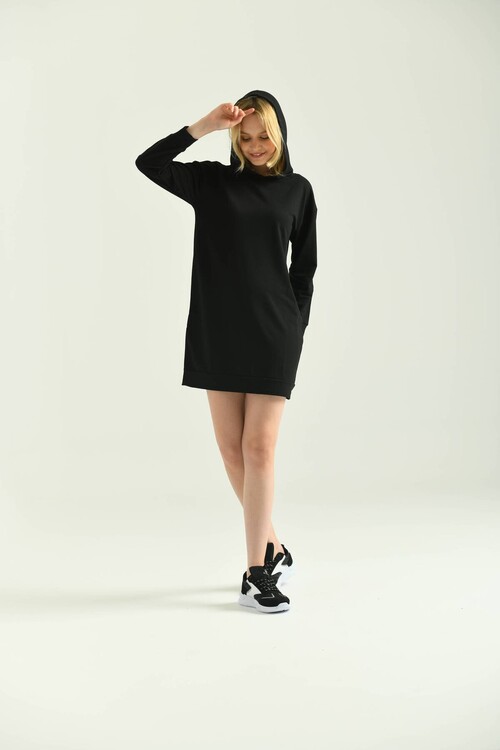 Black Hooded Mini Knitted Sweat Dress