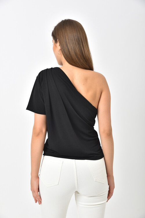 Black Boat Neck One Shoulder Sandy Fabric Blouse