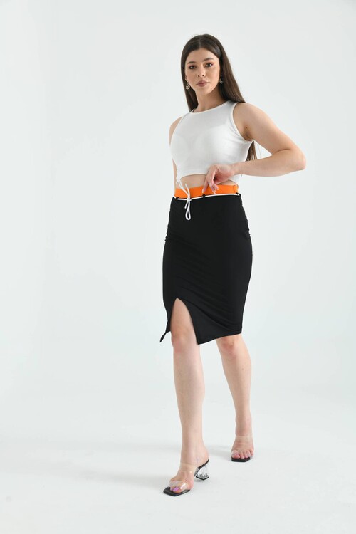 Black Elastic and Tie Detailed Midi Bodycon Knitted Skirt